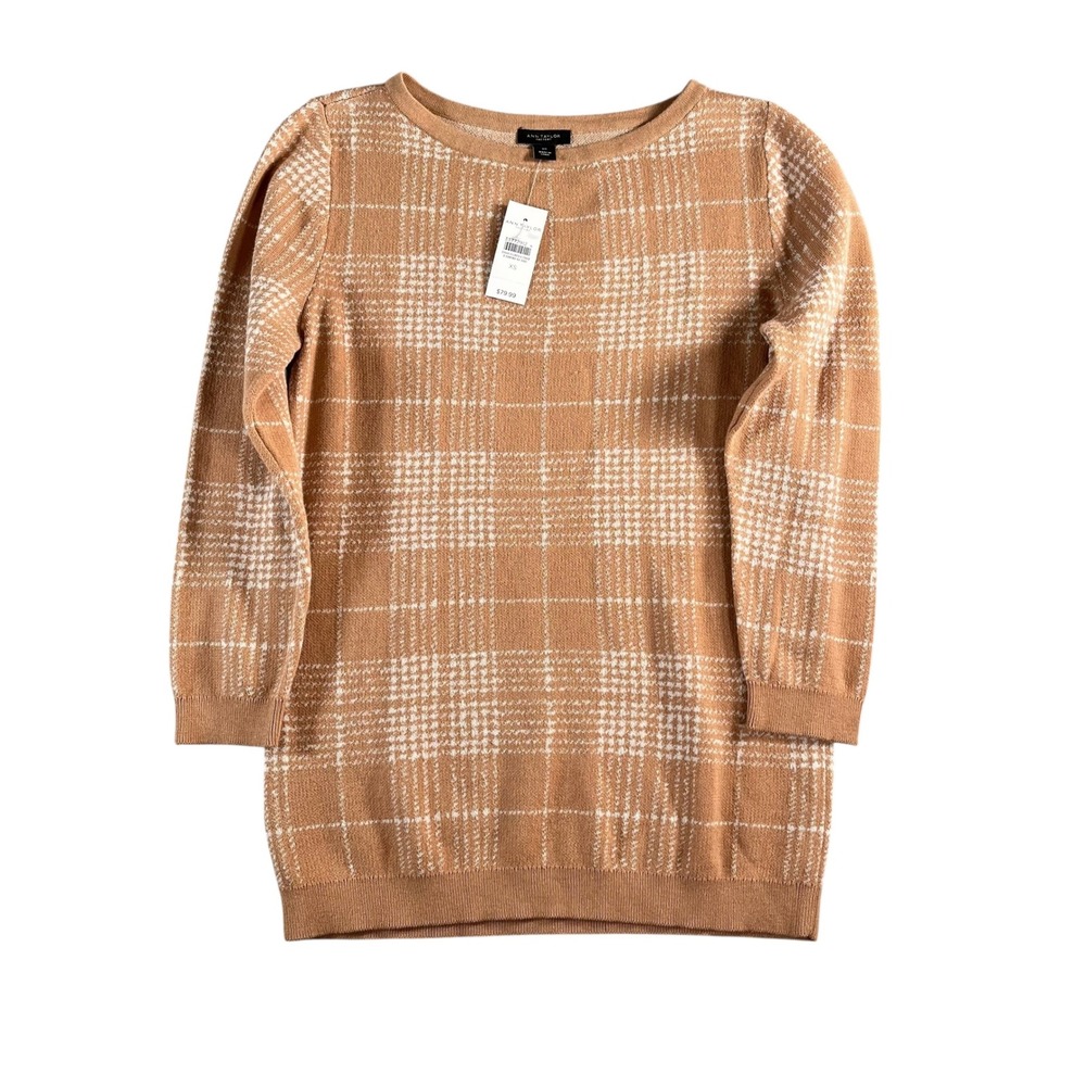 Ann Taylor Factory NWT Women's Tan/White Plaid Sweater Size XS‎